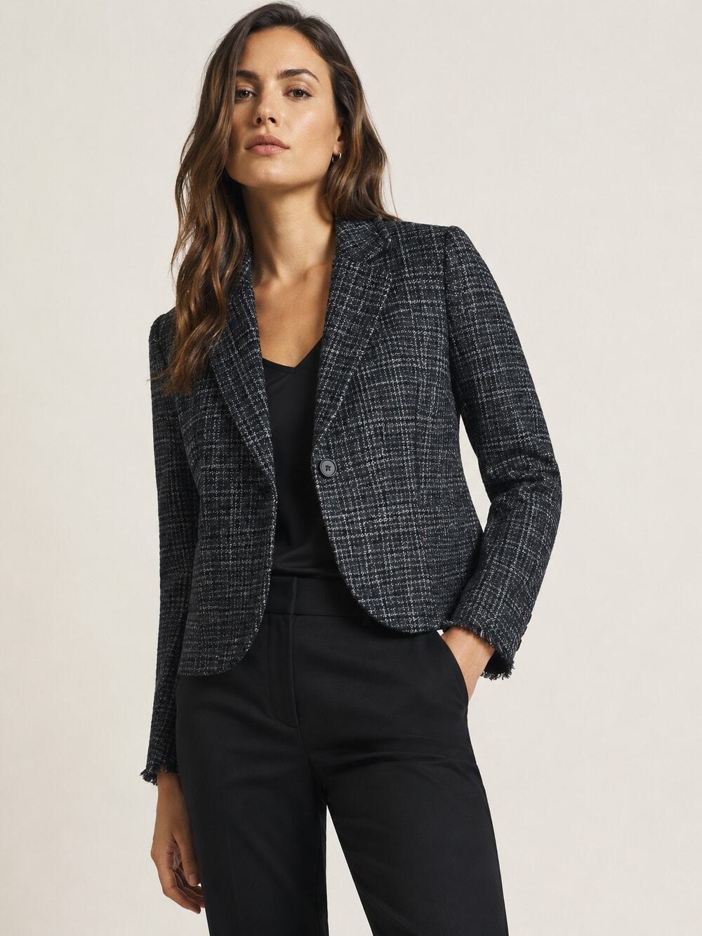 Theory Black & White Wool Tweed Frayed Trim Cropped Blazer Jacket Size 10